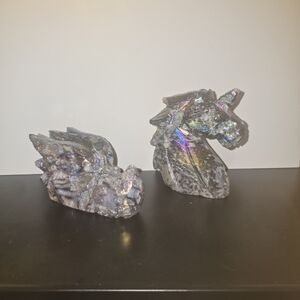 Iridescent Crystal Dragon and Unicorn Figurines